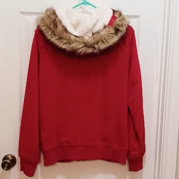 Green Tea Red jacket, size large w/removable fur trimmed hoodie & front zipper - Picture 2 of 15